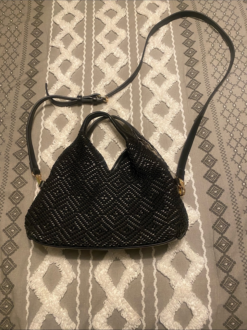 Black Woven Shoulder Bag with Removable Crossbody Strap